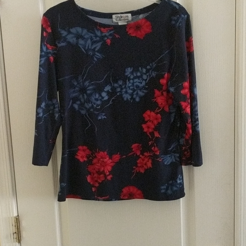 Shirt, poly and spandex, size Med. Navy with red.